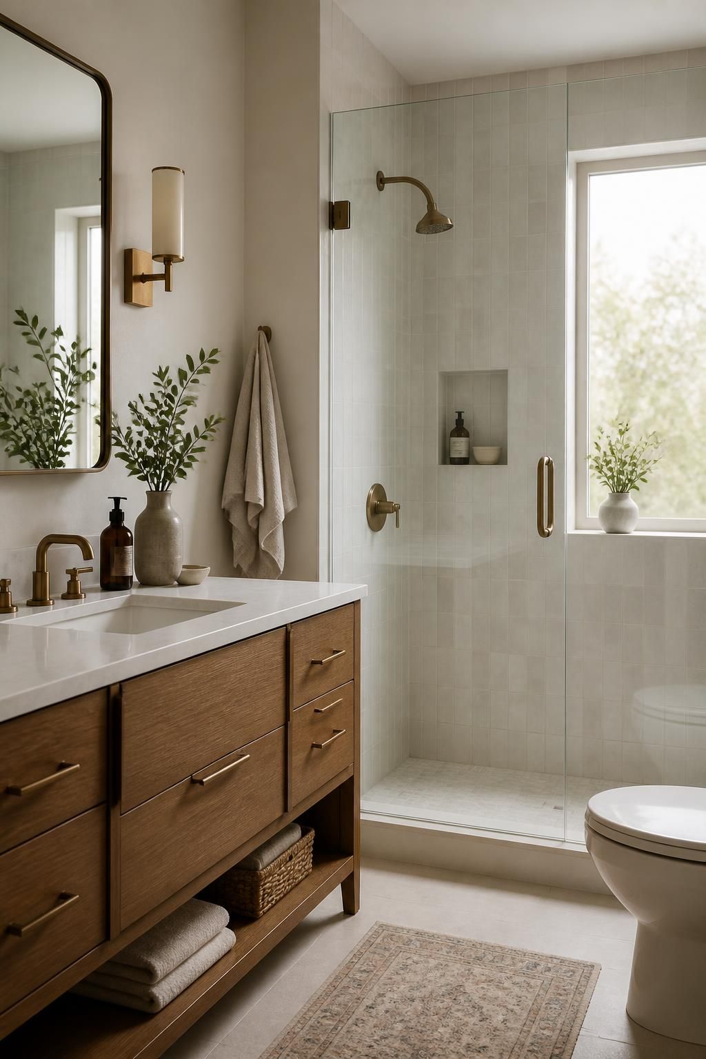 Inviting remodeled bathroom with elegant tile and soft natural light.