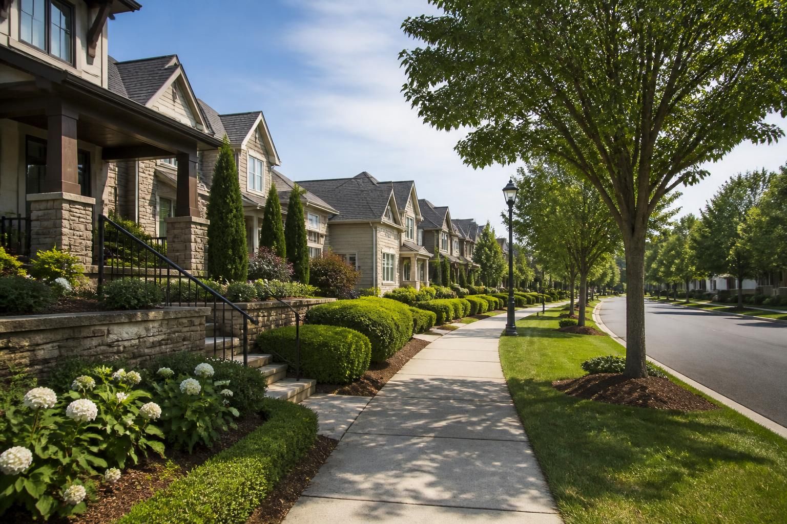 Upscale Ballantyne streetscape with refined homes and landscaping.