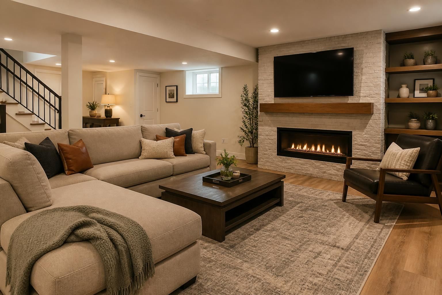 Finished basement remodel with a comfortable living area.