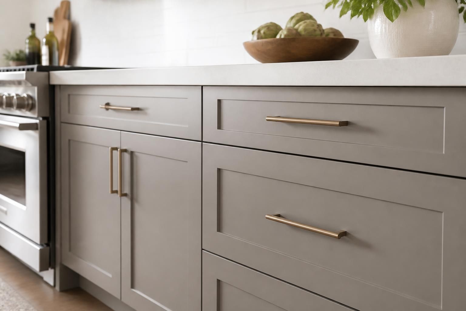 Newly installed kitchen cabinets in a bright modern kitchen.