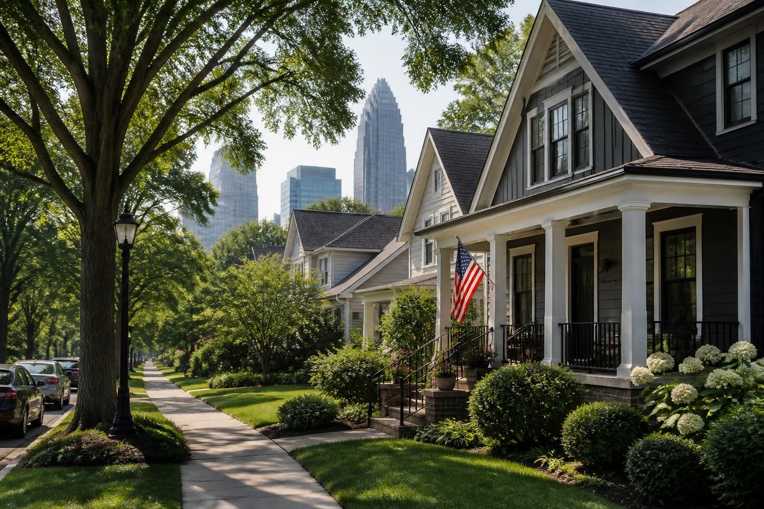 Charlotte neighborhood with attractive homes and mature greenery.