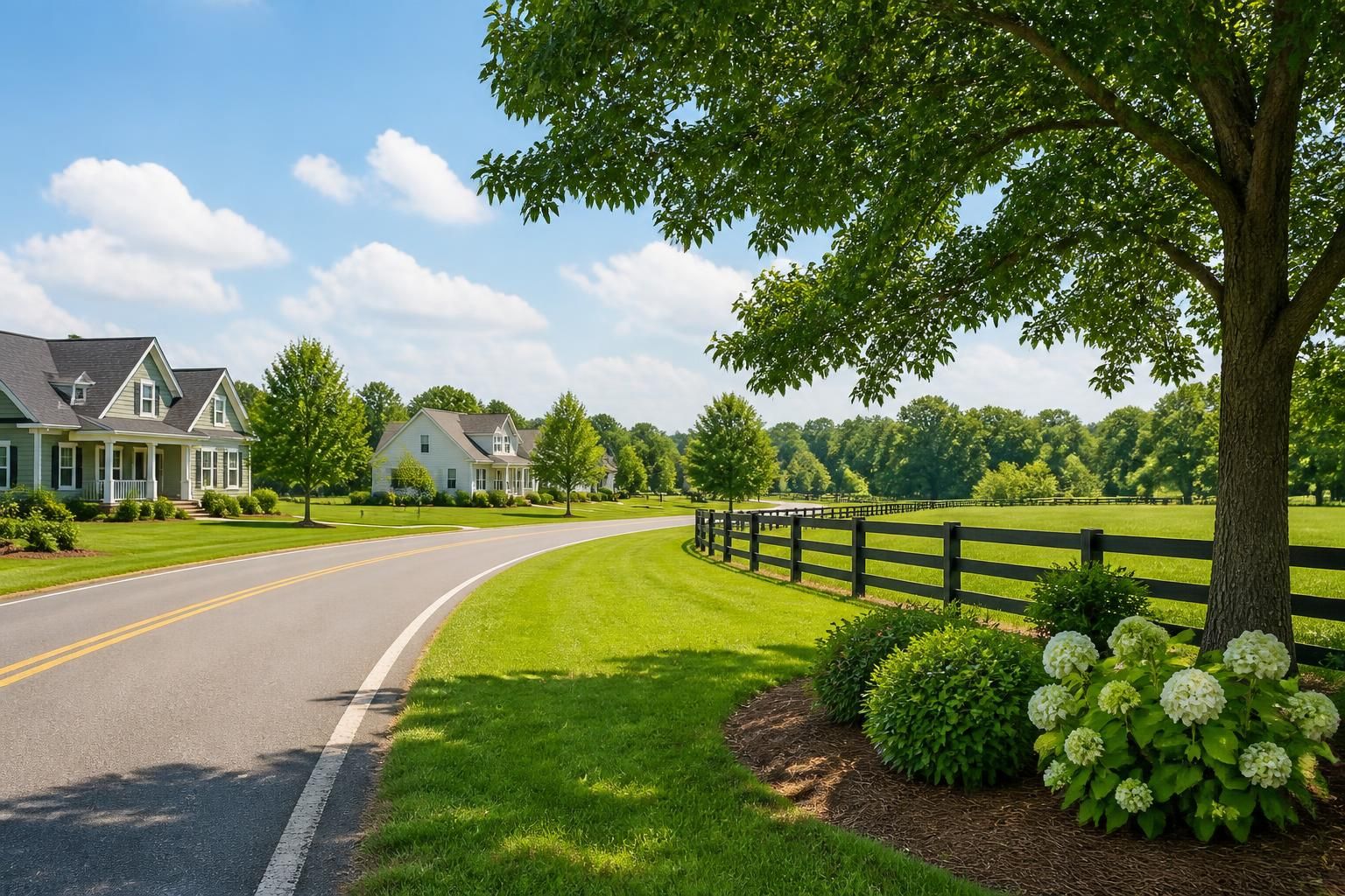 Clover neighborhood with open green space and neat homes.