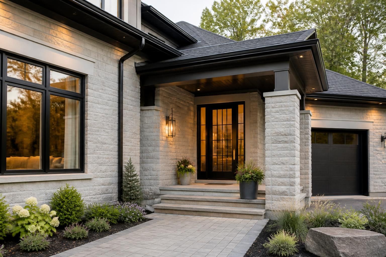 Newly completed custom home exterior with refined finishes.