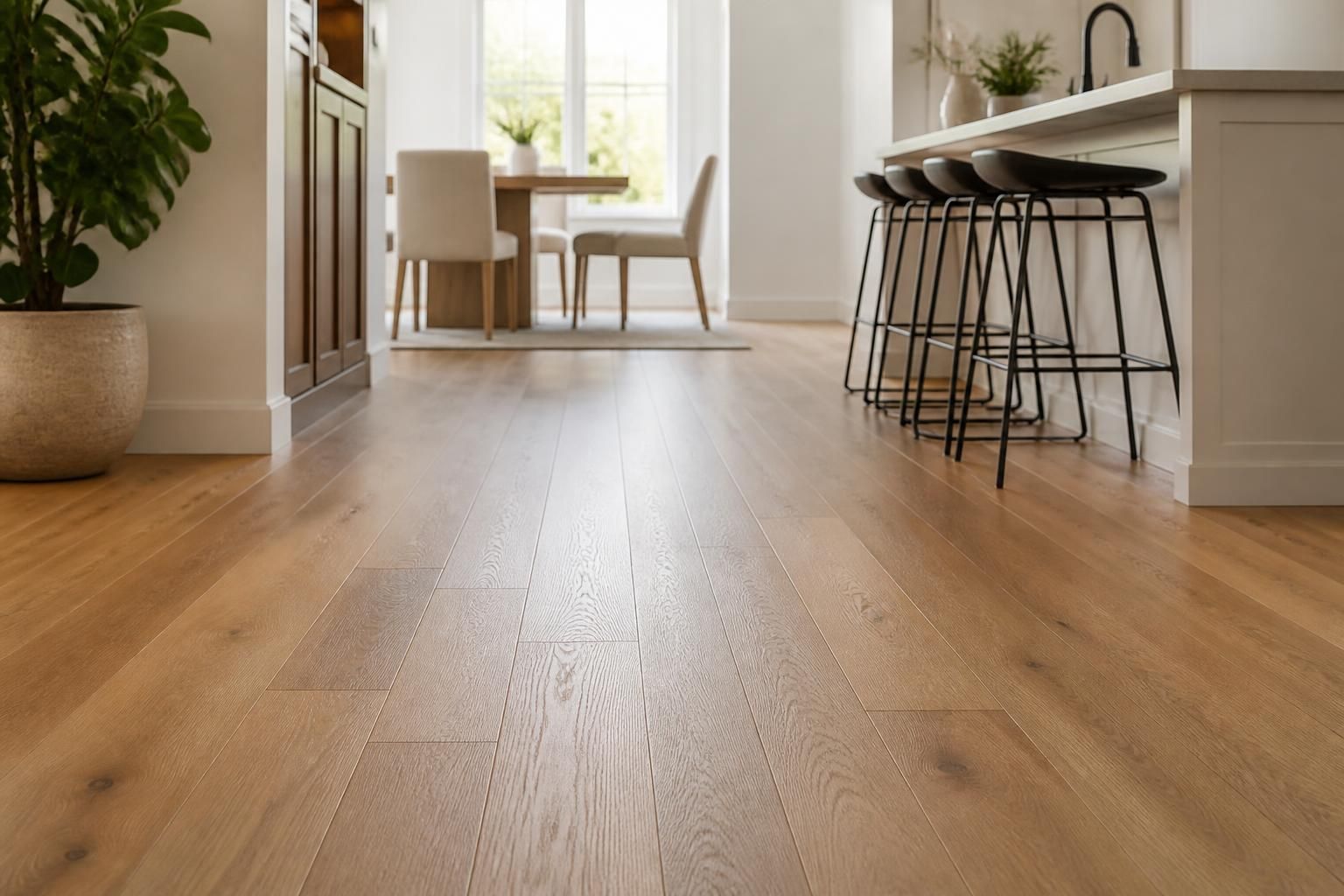 Finished hardwood flooring in a bright remodeled interior.