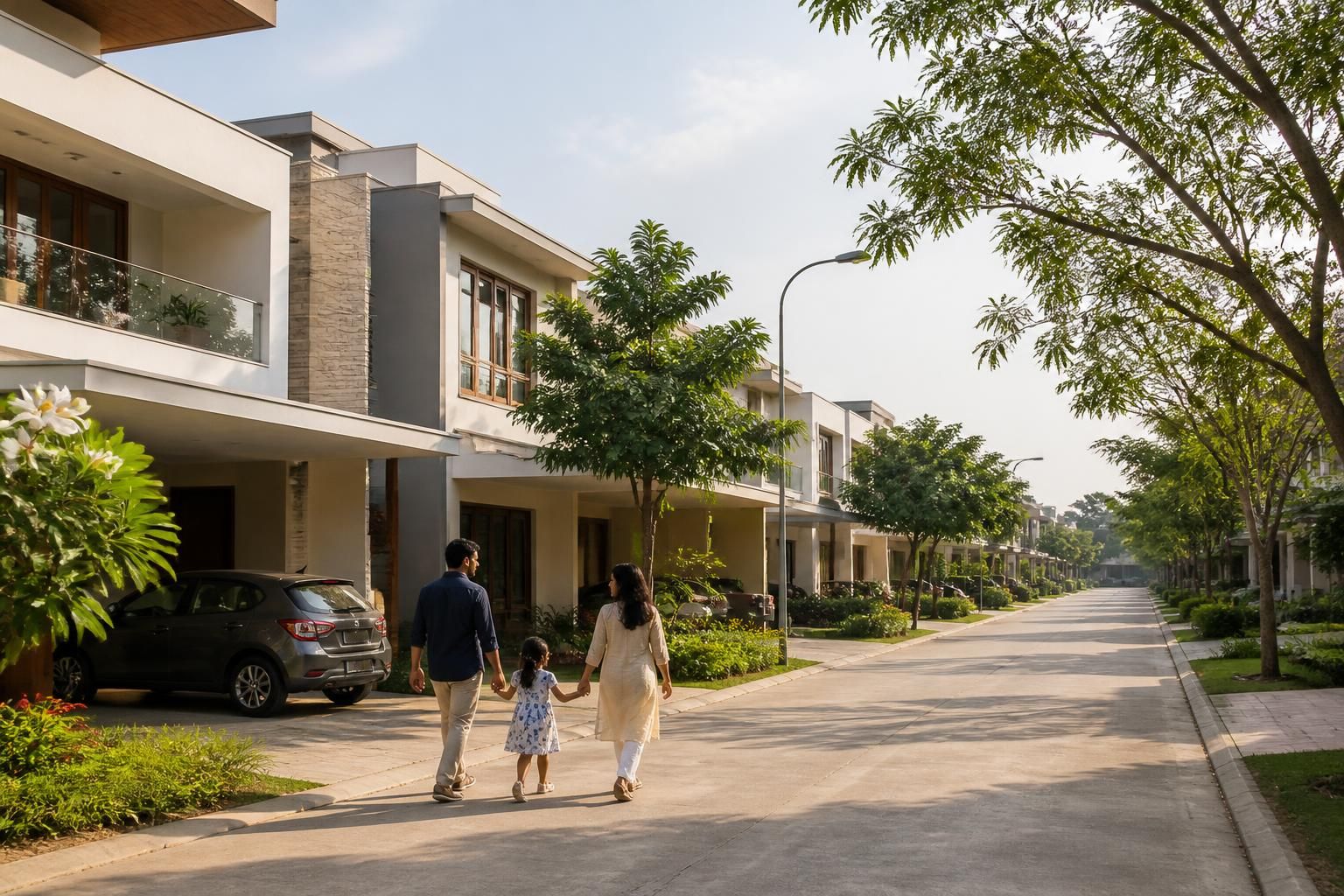 Modern Indian Land neighborhood with tidy streets and homes.