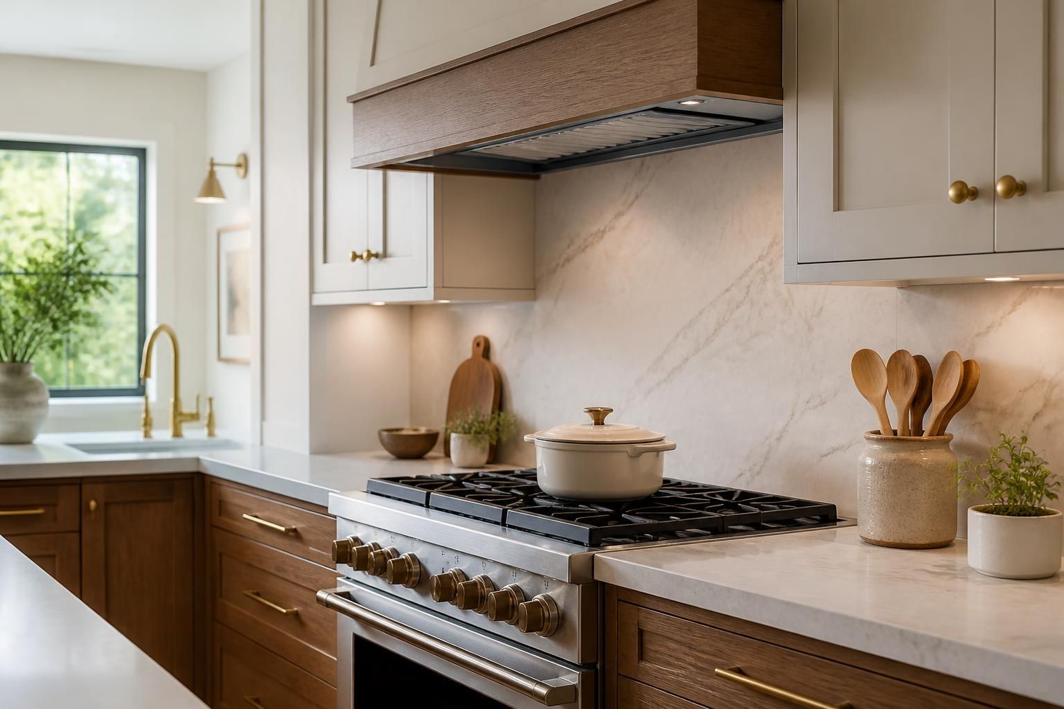 Finished kitchen remodel with custom cabinetry and stone countertops.