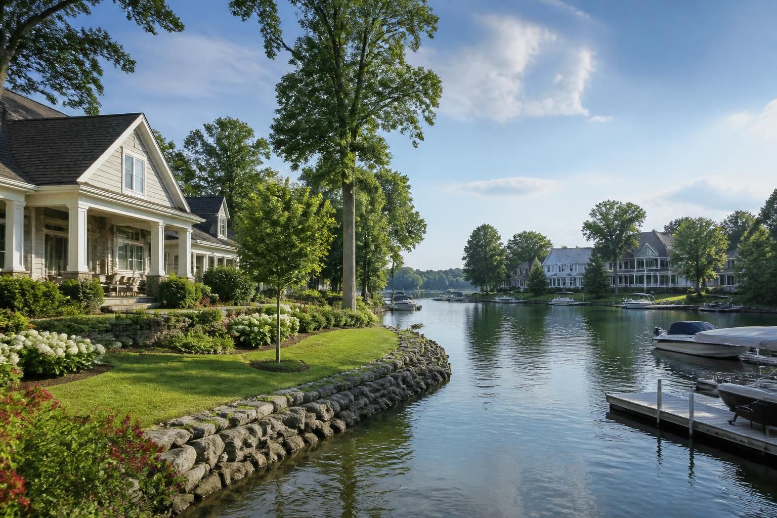 Peaceful Lake Wylie neighborhood with water views and homes.
