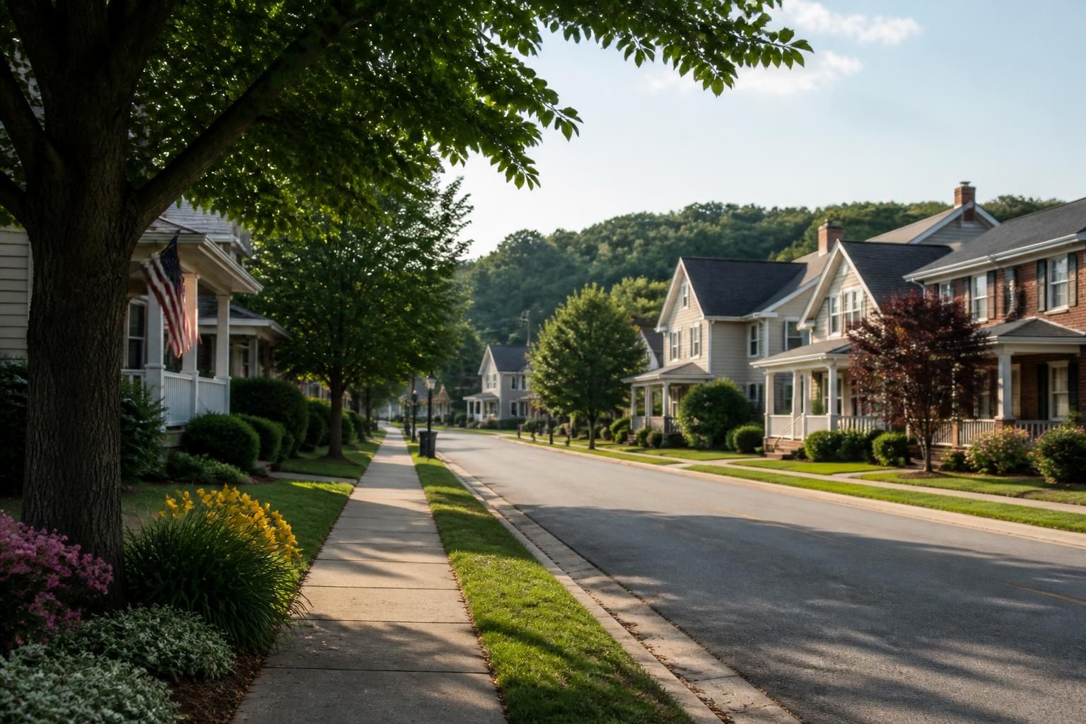 Clean Pineville residential street with well-kept homes.