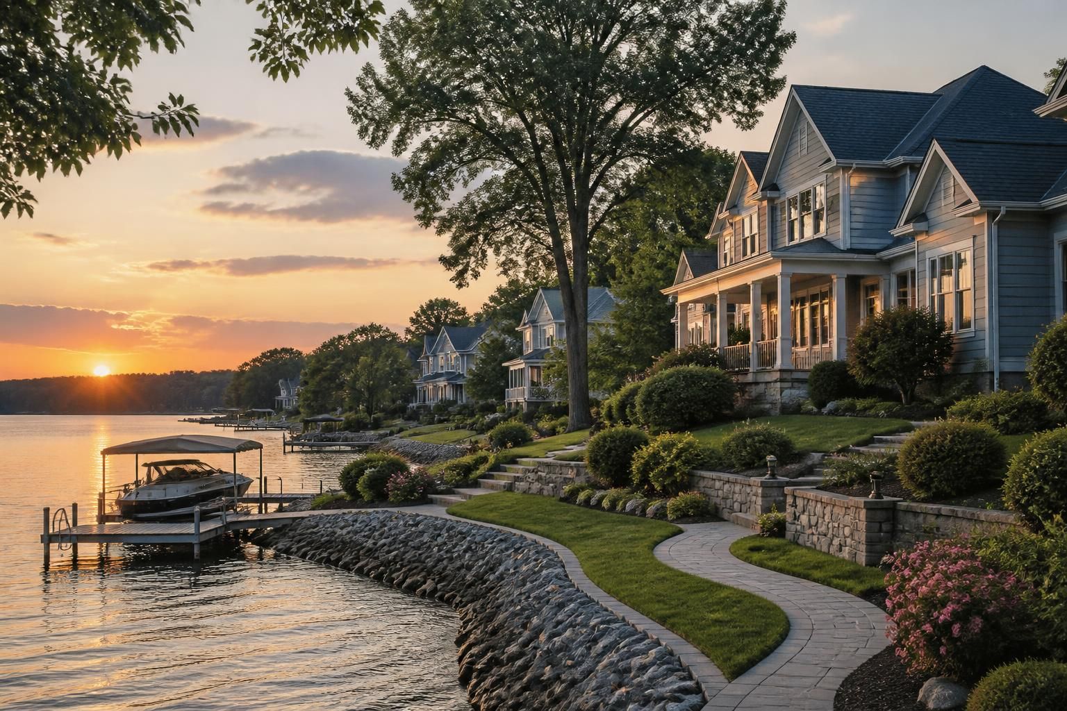 Welcoming lakeside neighborhood in Tega Cay with attractive homes.