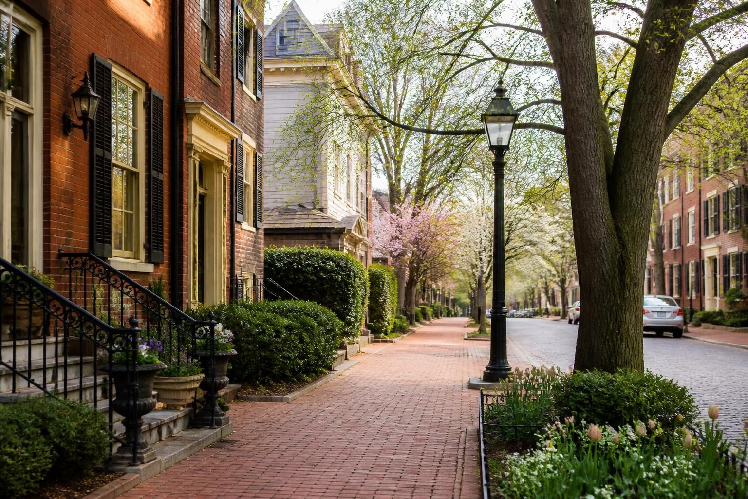 Historic York streetscape with charming homes and tree-lined sidewalks.